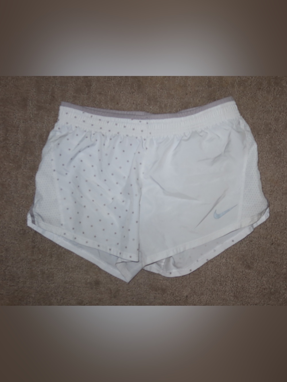 Nike White Girls Athletic Shorts with Light Gray Waistband and Tiny Dot Print